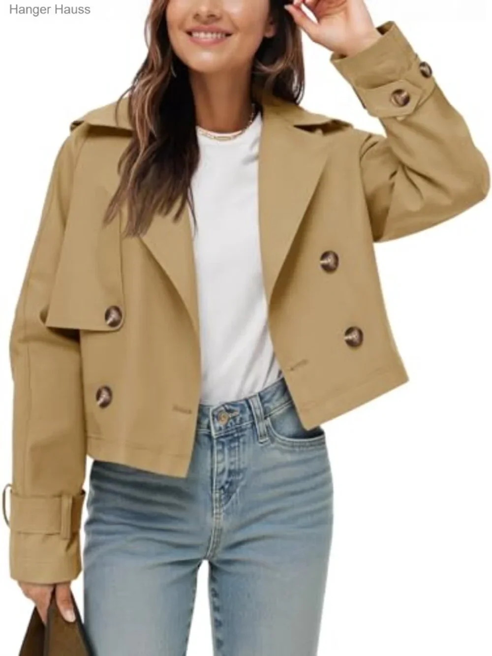 Women's Cropped Trench Coat Double-Breasted Notch Lapel Long Sleeve Lightweight